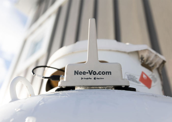 Nee-Vo wireless propane tank monitor installed on propane tank — remote tank level monitoring Austin TX