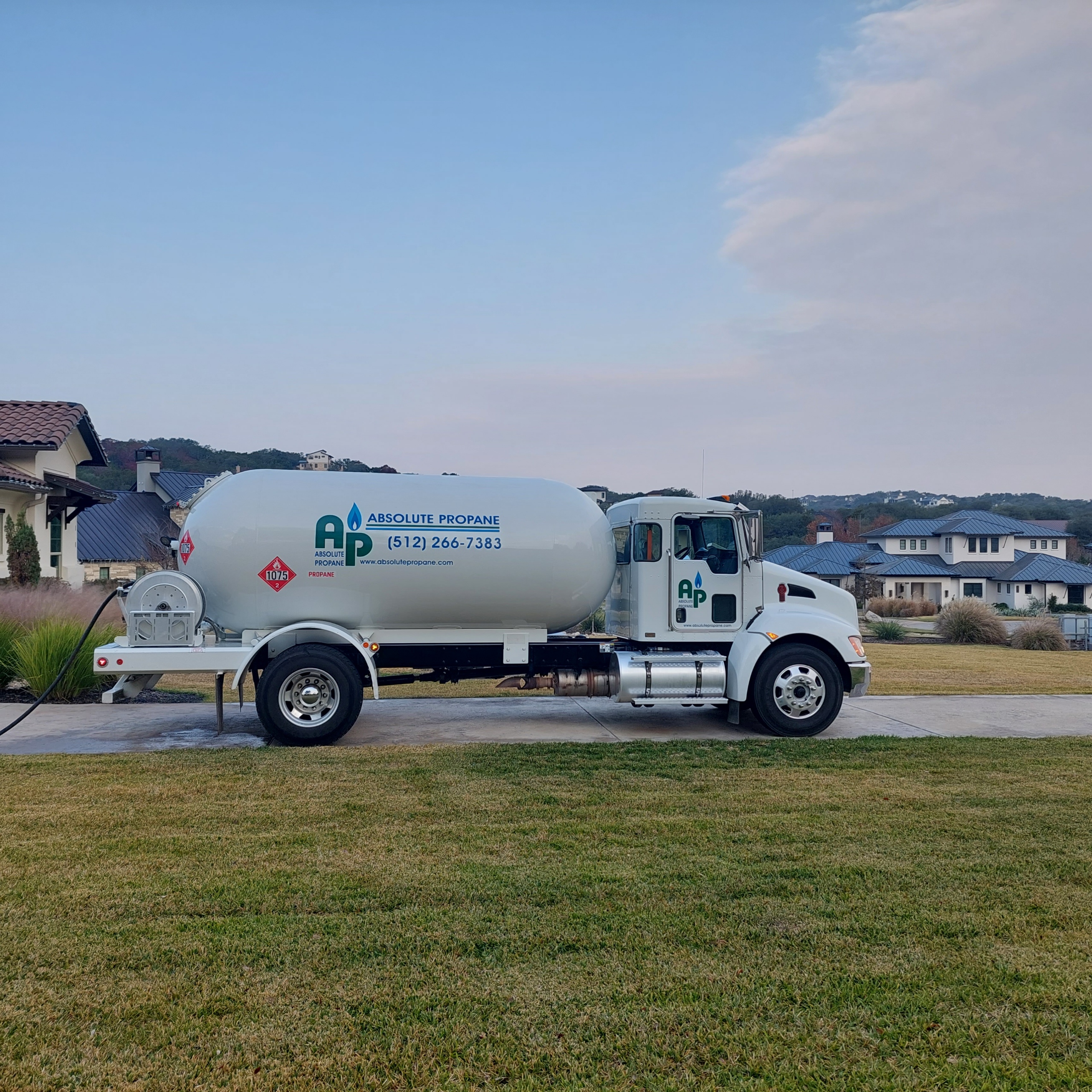 Absolute Propane delivery truck on a Hill Country road near Wimberley, TX
